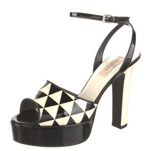 VALENTINO Patent Leather Colorblock Pattern Slingback Sandals 37